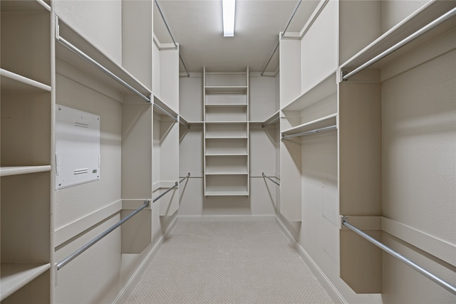 walk in closet featuring light carpet