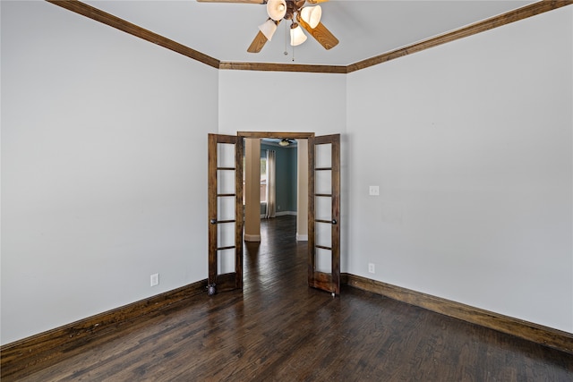 spare room with ceiling fan, dark hardwood / wood-style flooring, ornamental molding, and french doors