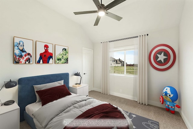 carpeted bedroom with vaulted ceiling and ceiling fan