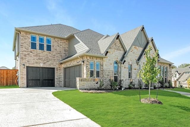 french country home with a garage, brick siding, fence, a front lawn, and concrete driveway