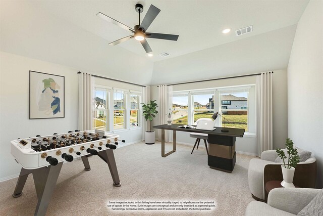 playroom with a ceiling fan, baseboards, visible vents, and vaulted ceiling