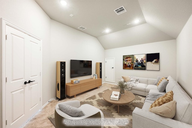 living room featuring recessed lighting, light colored carpet, visible vents, and vaulted ceiling