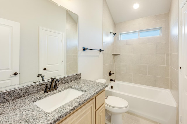 bathroom featuring washtub / shower combination, tile patterned flooring, vanity, toilet, and recessed lighting