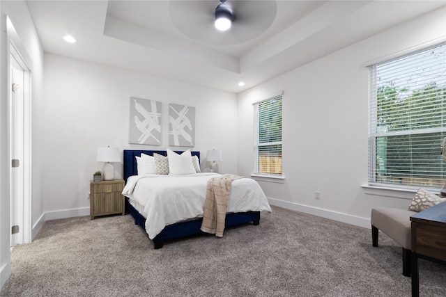 bedroom featuring carpet, a raised ceiling, and ceiling fan