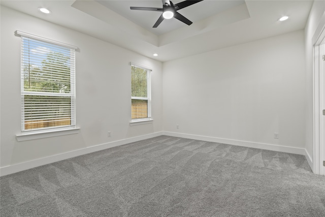 carpeted empty room with a tray ceiling, a wealth of natural light, and ceiling fan