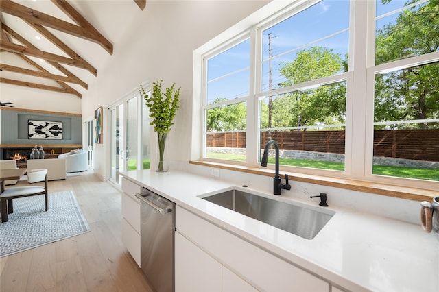 kitchen featuring stainless steel dishwasher, sink, white cabinets, and a wealth of natural light