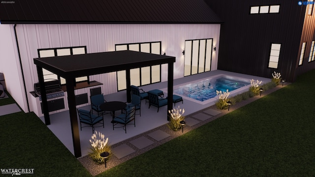 exterior space featuring a hot tub, a patio area, and a lawn