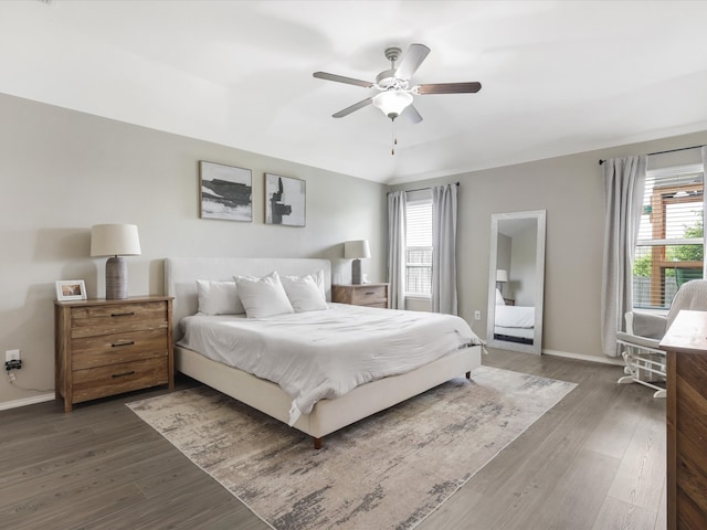 bedroom with dark hardwood / wood-style floors, multiple windows, and ceiling fan