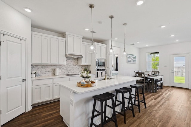 kitchen featuring stainless steel appliances, white cabinetry, hanging light fixtures, and an island with sink