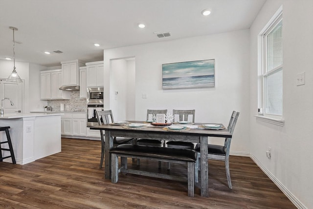 dining area featuring sink and dark wood-type flooring