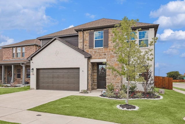 view of front of house with a front yard and a garage