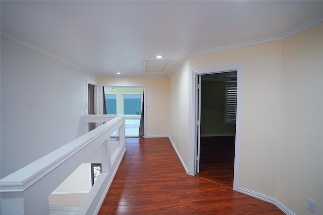 hall featuring dark hardwood / wood-style flooring and ornamental molding