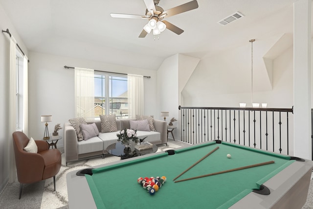 rec room featuring ceiling fan, carpet, vaulted ceiling, and pool table