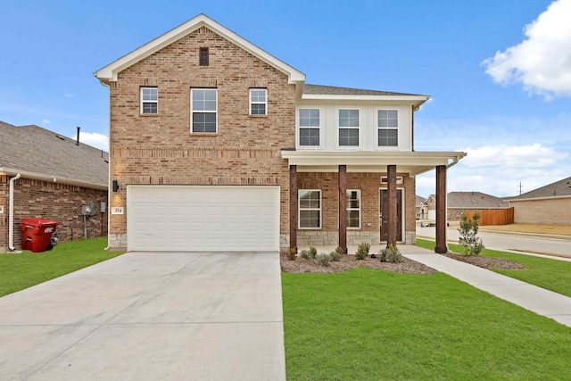 view of front of property featuring a porch, a garage, and a front lawn