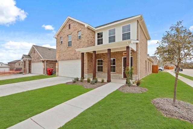 view of front of house with a garage, covered porch, and a front yard