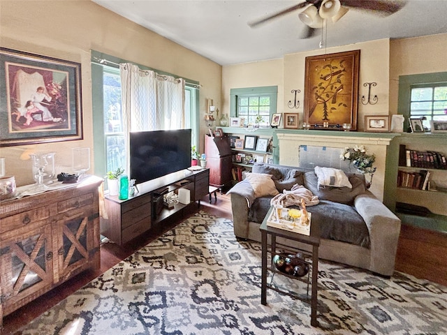 living room featuring ceiling fan