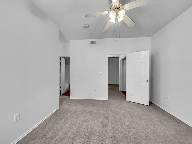 unfurnished bedroom with ceiling fan and light carpet