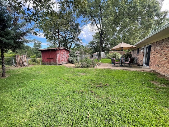 view of yard with a patio area and a shed