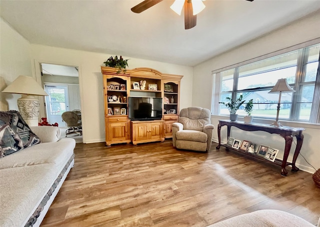 living room with ceiling fan and hardwood / wood-style floors