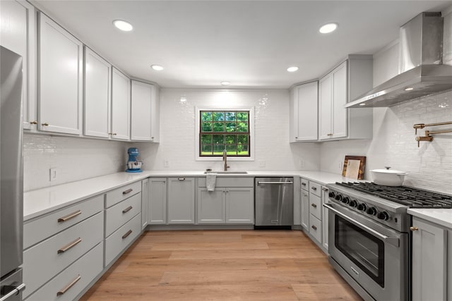 kitchen with backsplash, wall chimney exhaust hood, stainless steel appliances, sink, and light hardwood / wood-style flooring