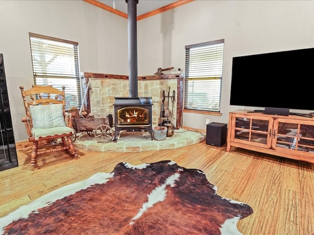 living room with ornamental molding, a wood stove, and wood-type flooring