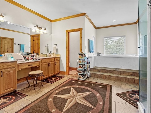 bathroom with tile flooring, ornamental molding, vanity, and a bathing tub