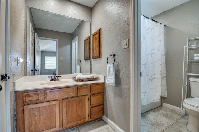 full bathroom featuring vanity, shower / bath combination with curtain, tile patterned flooring, toilet, and a textured ceiling