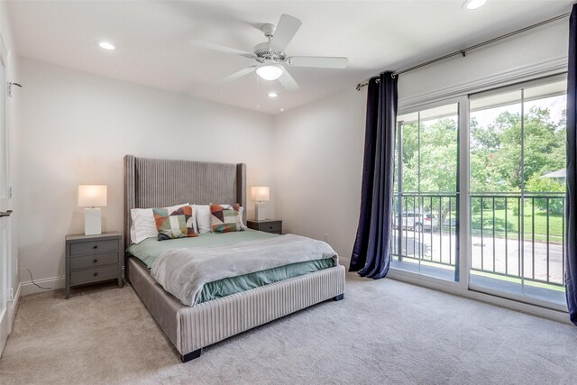 bedroom with ceiling fan and light colored carpet