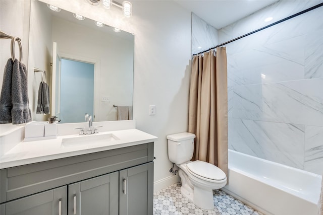 full bathroom with vanity, toilet, and shower / bath combo with shower curtain