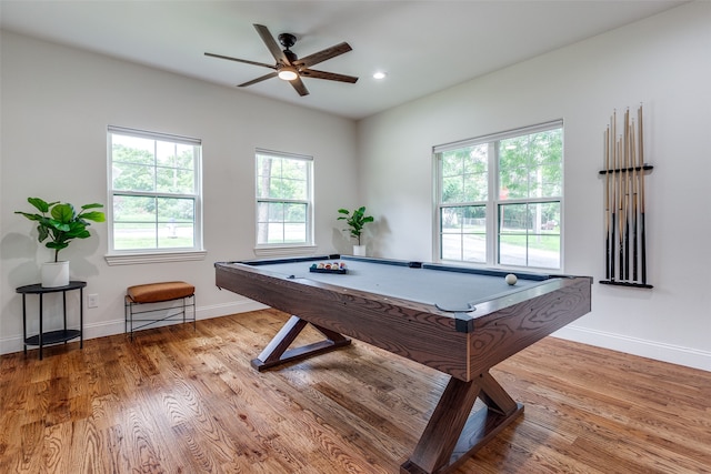 recreation room featuring ceiling fan, light hardwood / wood-style flooring, and billiards