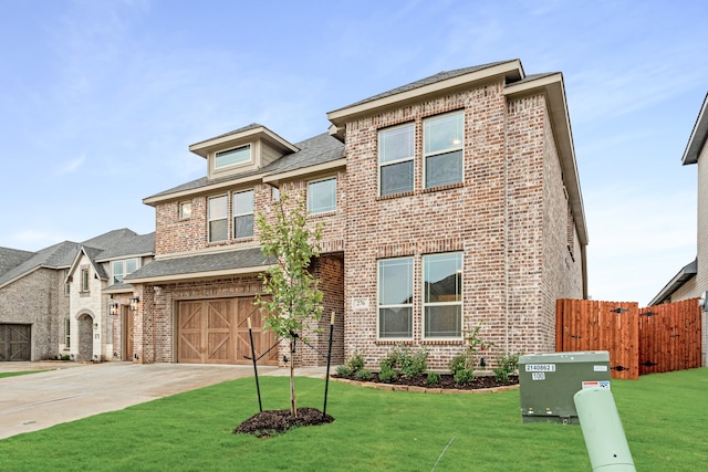 view of front of home featuring a garage and a front lawn