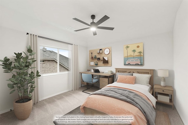 carpeted bedroom with ceiling fan