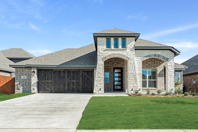 view of front of home featuring a front yard and a garage