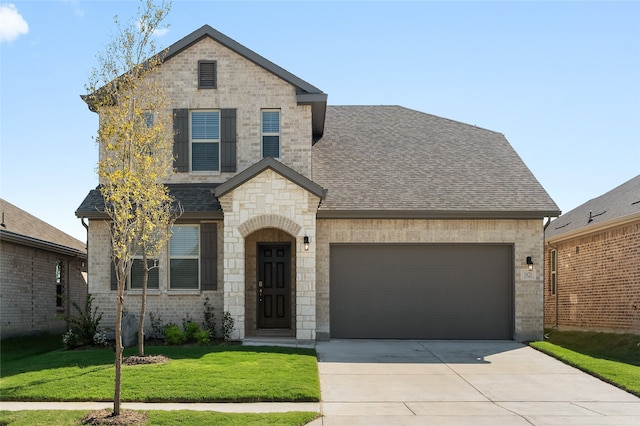 french provincial home featuring a front yard and a garage