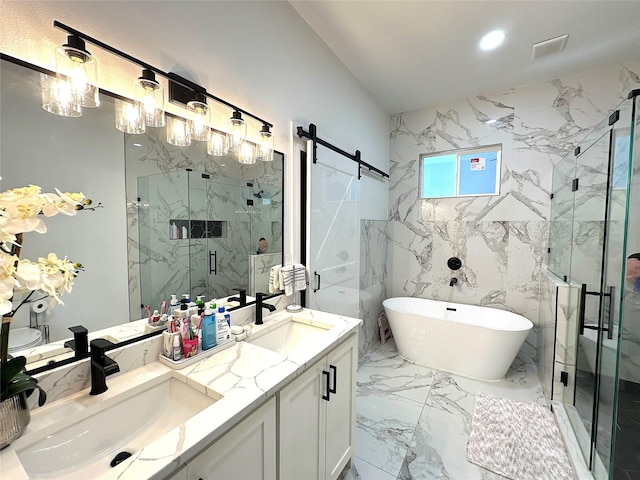 full bath with double vanity, marble finish floor, a marble finish shower, and a sink