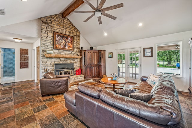 tiled living room with a fireplace, ceiling fan, high vaulted ceiling, beamed ceiling, and french doors