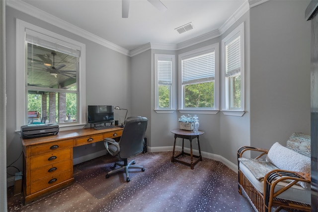 office area featuring crown molding, ceiling fan, and a healthy amount of sunlight