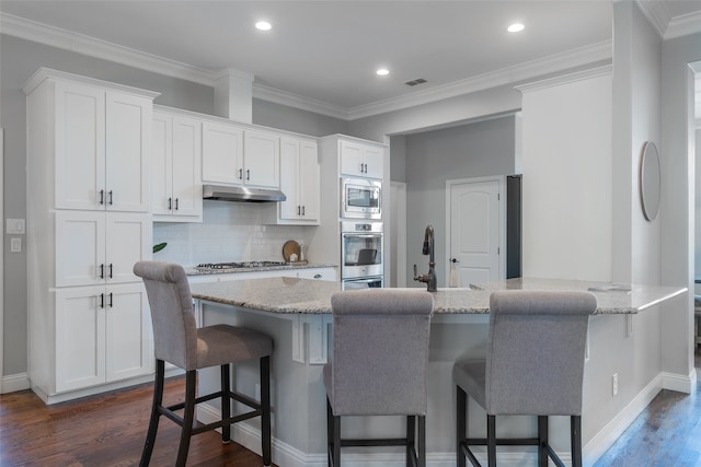 kitchen with light stone countertops, white cabinetry, dark wood-type flooring, and stainless steel appliances