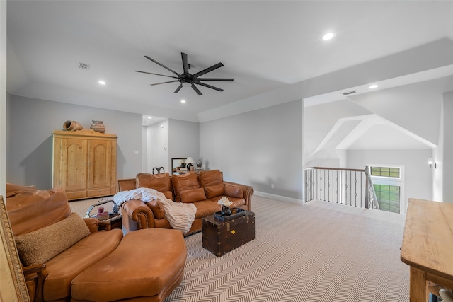 living room featuring ceiling fan and light colored carpet