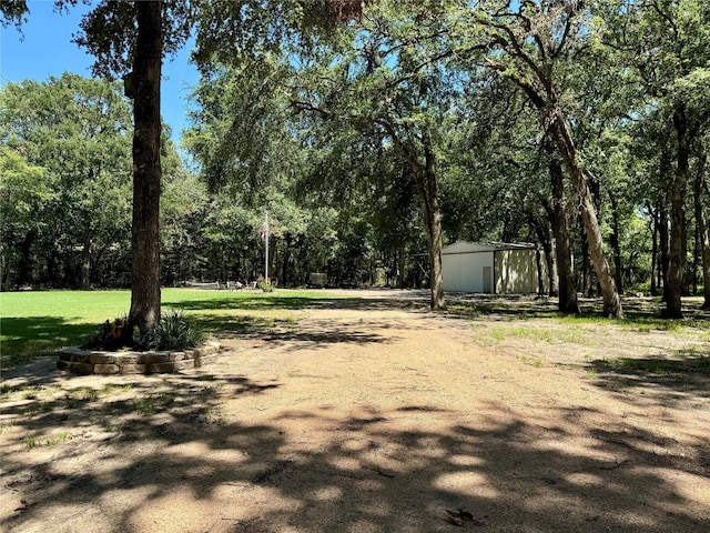 view of yard featuring a storage unit