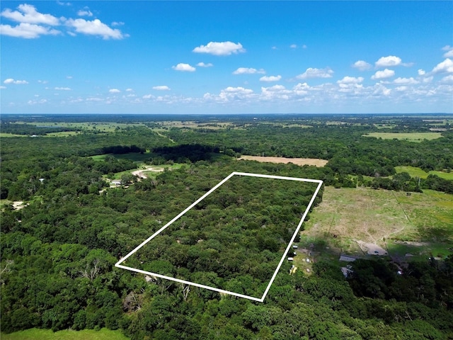 aerial view featuring a wooded view