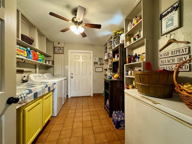 kitchen with separate washer and dryer, ceiling fan, and light tile floors