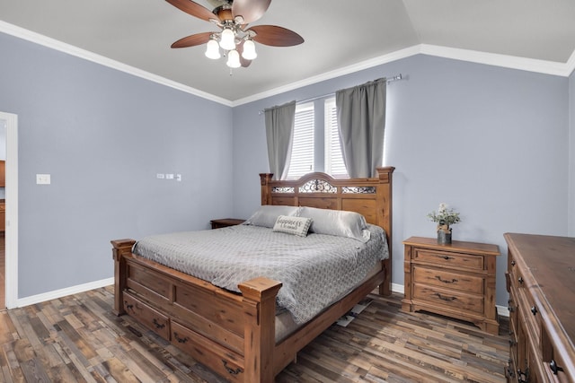 bedroom with ceiling fan, dark hardwood / wood-style flooring, and crown molding