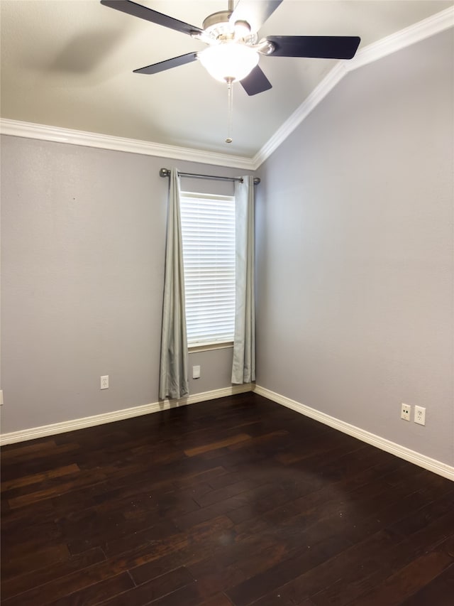 empty room with ceiling fan, dark hardwood / wood-style floors, and crown molding