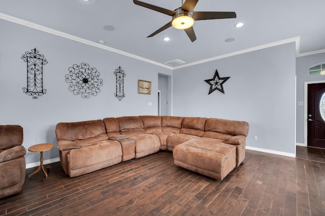 living room featuring ceiling fan, dark hardwood / wood-style floors, and crown molding