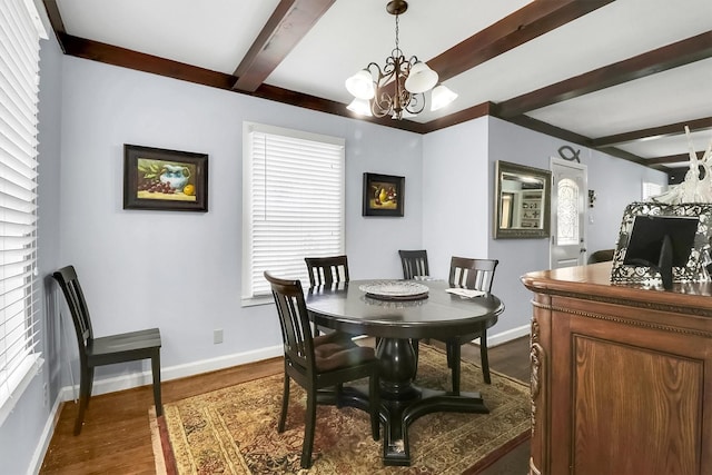 dining space featuring a chandelier, beam ceiling, and dark hardwood / wood-style floors