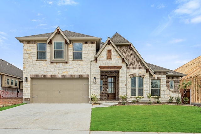 view of front of home featuring a garage and a front lawn