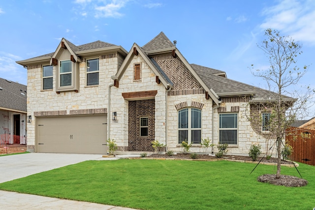 view of front of property with a garage and a front lawn