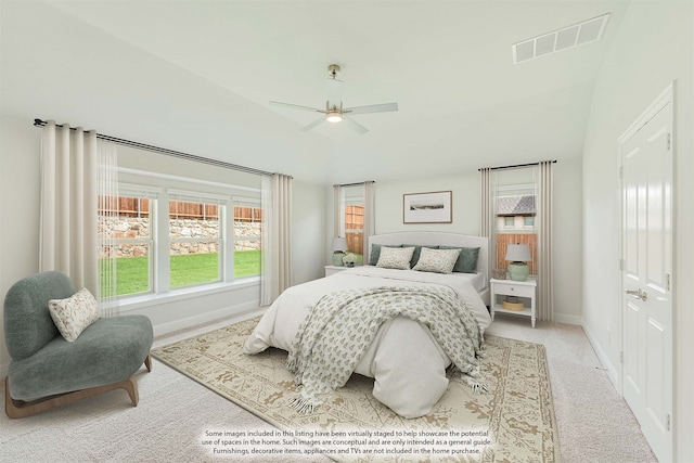 carpeted bedroom with ceiling fan