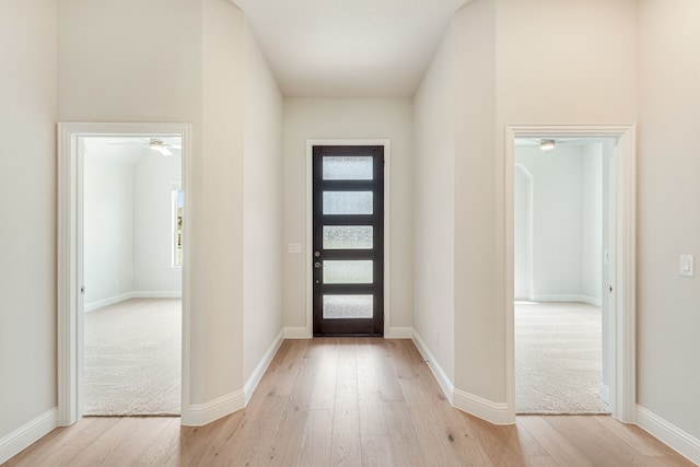 foyer with ceiling fan, a wealth of natural light, and light hardwood / wood-style floors